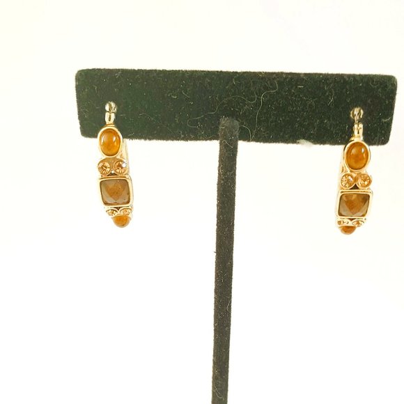 Brown & Gold Rhinestone Hoop Earrings. Retro Pierced Earrings - Picture 2 of 3